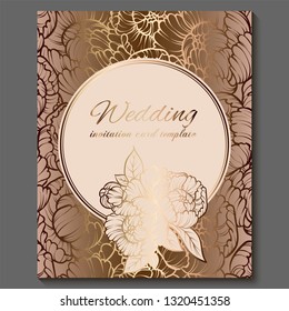 Antique royal luxury wedding invitation, gold on white background with frame and place for text, lacy foliage made of roses or peonies with shiny gradient.