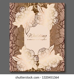 Antique royal luxury wedding invitation, gold on white background with frame and place for text, lacy foliage made of roses or peonies with shiny gradient.