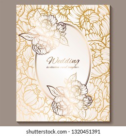 Antique royal luxury wedding invitation, gold on white background with frame and place for text, lacy foliage made of roses or peonies with shiny gradient.