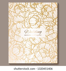 Antique royal luxury wedding invitation, gold on white background with frame and place for text, lacy foliage made of roses or peonies with shiny gradient.