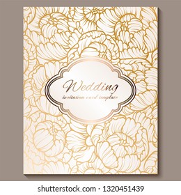 Antique royal luxury wedding invitation, gold on white background with frame and place for text, lacy foliage made of roses or peonies with shiny gradient.