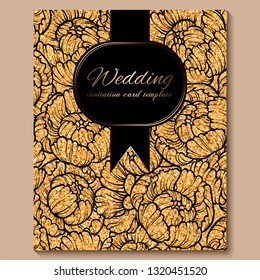 Antique royal luxury wedding invitation card, golden glitter background with frame and place for text, black lacy foliage made of roses or peonies .