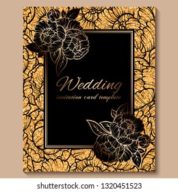 Antique royal luxury wedding invitation card, golden glitter background with frame and place for text, black lacy foliage made of roses or peonies .