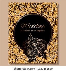 Antique royal luxury wedding invitation card, golden glitter background with frame and place for text, black lacy foliage made of roses or peonies .