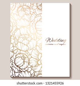 Antique royal luxury wedding invitation, gold on beige background with frame and place for text, lacy foliage made of roses or peonies with shiny gradient.