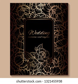 Antique royal luxury wedding invitation, gold on black background with frame and place for text, lacy foliage made of roses or peonies with shiny gradient.