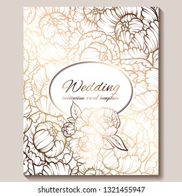 Antique royal luxury wedding invitation, gold on white background with frame and place for text, lacy foliage made of roses or peonies with shiny gradient.