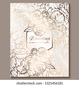 Antique royal luxury wedding invitation, gold on white background with frame and place for text, lacy foliage made of roses or peonies with shiny gradient.