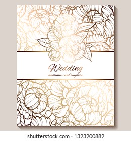 Antique royal luxury wedding invitation, gold on white background with frame and place for text, lacy foliage made of roses or peonies with shiny gradient.