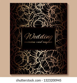 Antique royal luxury wedding invitation, gold on black background with frame and place for text, lacy foliage made of roses or peonies with shiny gradient.