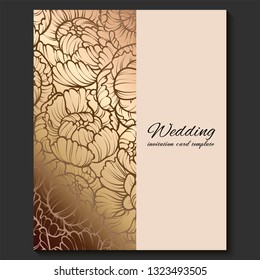 Antique royal luxury wedding invitation, gold on beige background with frame and place for text, lacy foliage made of roses or peonies with shiny gradient.