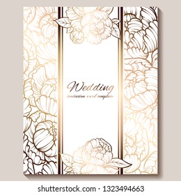 Antique royal luxury wedding invitation, gold on white background with frame and place for text, lacy foliage made of roses or peonies with shiny gradient.