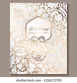Antique royal luxury wedding invitation, gold on white background with frame and place for text, lacy foliage made of roses or peonies with shiny gradient.