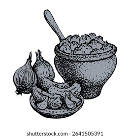 Antique rural heat aroma healthy home culture old cook clay jar cup. Outline black hand drawn cut pork lard piece slice fresh cereal snack pan jug sign icon ancient art doodl line style white backdrop