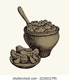 Antique rural heat aroma home culture old cook clay jar cup. Outline black ink pen hand drawn fresh salty spicy pan jug sign icon design ancient art doodle engrave line style white text space backdrop