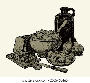 Antique rural hot aroma healthy home culture old cook clay jar cup. Line black hand drawn cut pork lard piece slice rye cereal snack pan jug sign icon ancient art doodl style white text space backdrop