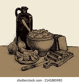 Antique rural hot aroma healthy home culture old cook clay jar cup. Line black hand drawn cut pork lard piece slice rye cereal snack pan jug sign icon ancient art doodl style white text space backdrop