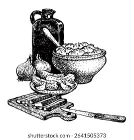 Antique rural hot aroma healthy home culture old cook clay jar cup. Line black hand drawn cut pork lard piece slice rye cereal snack pan jug sign icon ancient art doodl style white text space backdrop