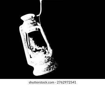 Antique rusty lantern vector illustration. High contrast black and white stencil of a vintage oil lamp, featuring organic rust textures perfect for rustic and retro graphic design projects.