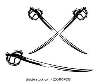 antique sabre sword vector design - crossed backsword blades and black and white outline set