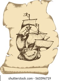 Antique sailboat. Engraved style. Vector illustration