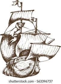 Antique sailboat. Engraved style. Vector illustration