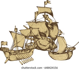 Antique sailboat. Engraved style. Vector illustration