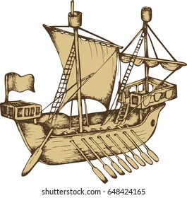 Antique sailboat. Engraved style. Vector illustration