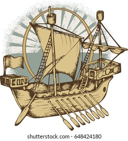 Antique sailboat. Engraved style. Vector illustration