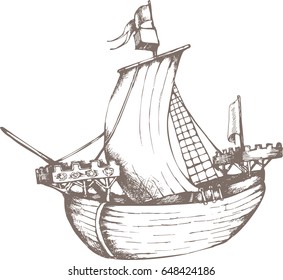 Antique sailboat. Engraved style. Vector illustration