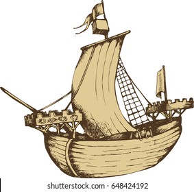 Antique sailboat. Engraved style. Vector illustration