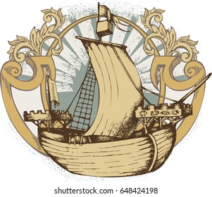 Antique sailboat. Engraved style. Vector illustration