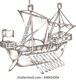 Antique sailboat. Engraved style. Vector illustration