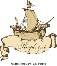 Antique sailboat. Engraved style. Vector illustration