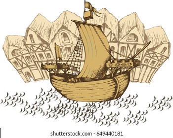 Antique sailboat and medieval town. Engraved style. Vector illustration