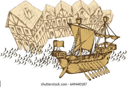 Antique sailboat and medieval town. Engraved style. Vector illustration