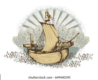 Antique sailboat and medieval town. Engraved style. Vector illustration