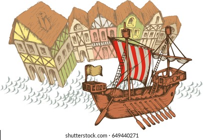 Antique sailboat and medieval town. Engraved style. Vector illustration