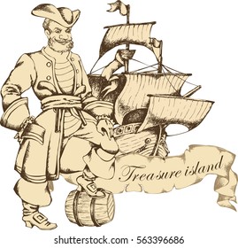 Antique sailboat and pirat. Engraved style. Vector illustration