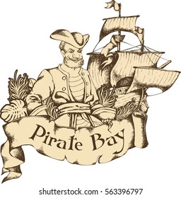 Antique sailboat and pirat. Engraved style. Vector illustration