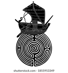 Antique sailing boat traveling the round spiral maze or labyrinth. Creative concept for explore and knowledge. Black and white silhouette.