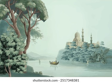 Antique scenic landscape wallpaper. Lake, Mural in the hills Vintage landscape wallpaper.