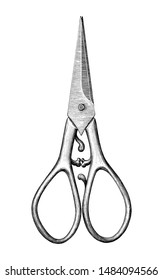Antique scissors hand draw vintage style black and white clip art isolated on white background,Vintage scissors rare item