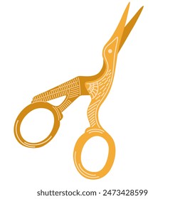 Antique scissors shaped in fancy bird design. Sewing or embroidery sheets with blades similar to create or stork. Vector illustration isolated on white background