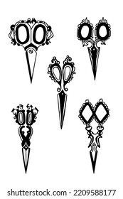 Antique scissors vector silhouettes. Collection of vintage accessories.