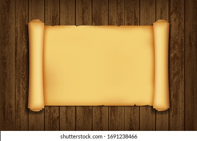 Antique Scroll Of Parchment Paper. Empty Template On A Wooden Table. Vector Background.