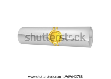 Antique scroll of white paper with gold stamp and rope.Vector design element.