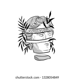 Antique sculpture head of woman with branch with leaves blooming inside her. Linear sketching of marble statue. Psychedelic fantasy design for sticker, tattoo, print for t-shirt, wall art.