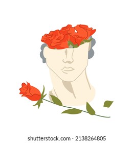 Antique sculpture of human head and red roses. Valentine's day vector illustration. Ancient greek, mystic, bohemian style. 