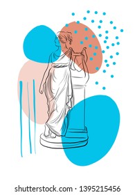 Antique sculpture on creative backdrop of bright geometric elements and shapes. Digital concept. Memphis design. Modern art. 